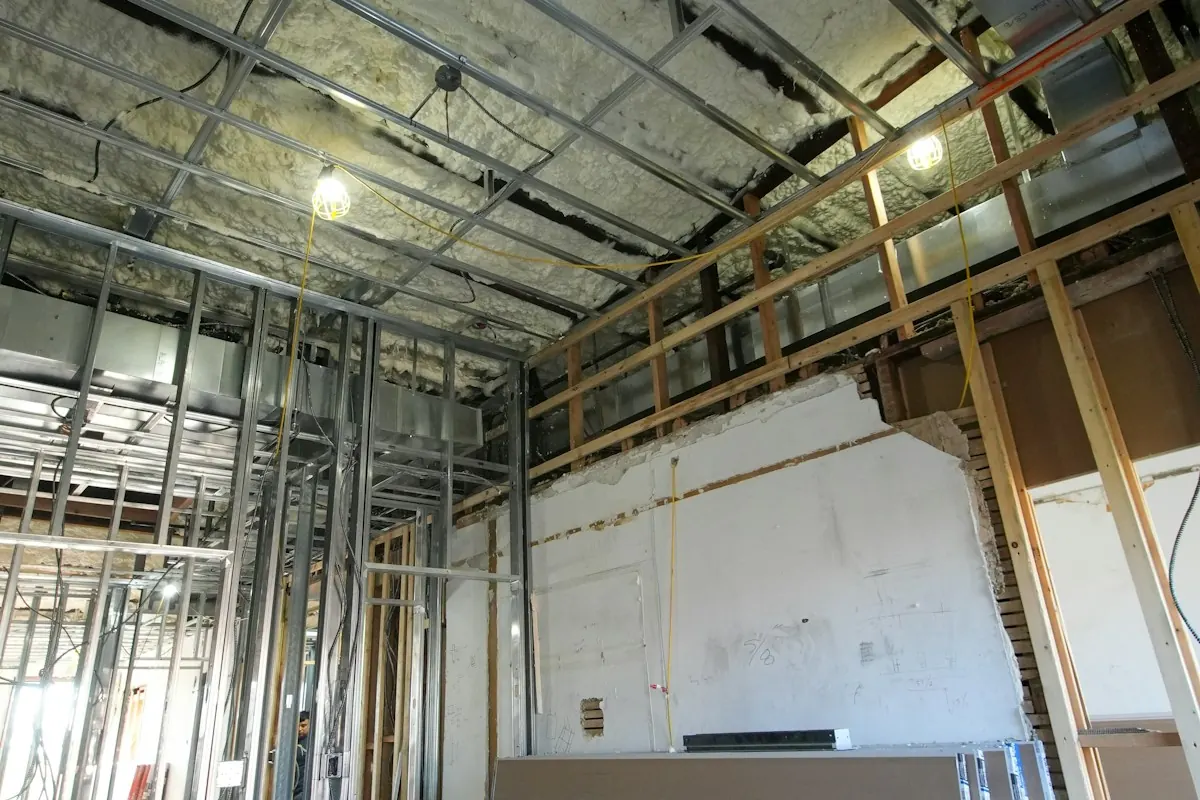 Interior rebuild with new metal framing and open ceiling